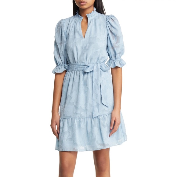 NWT Eliza J Jacquard Mini Dress Ruffle Puff Sleeve Light Blue Women’s Size 12 - Picture 6 of 6